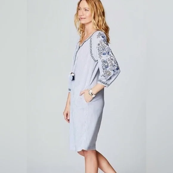 J. Jill‎ Ocean Breeze blue and white striped embroidered long-sleeve dress SZ S - Picture 2 of 10